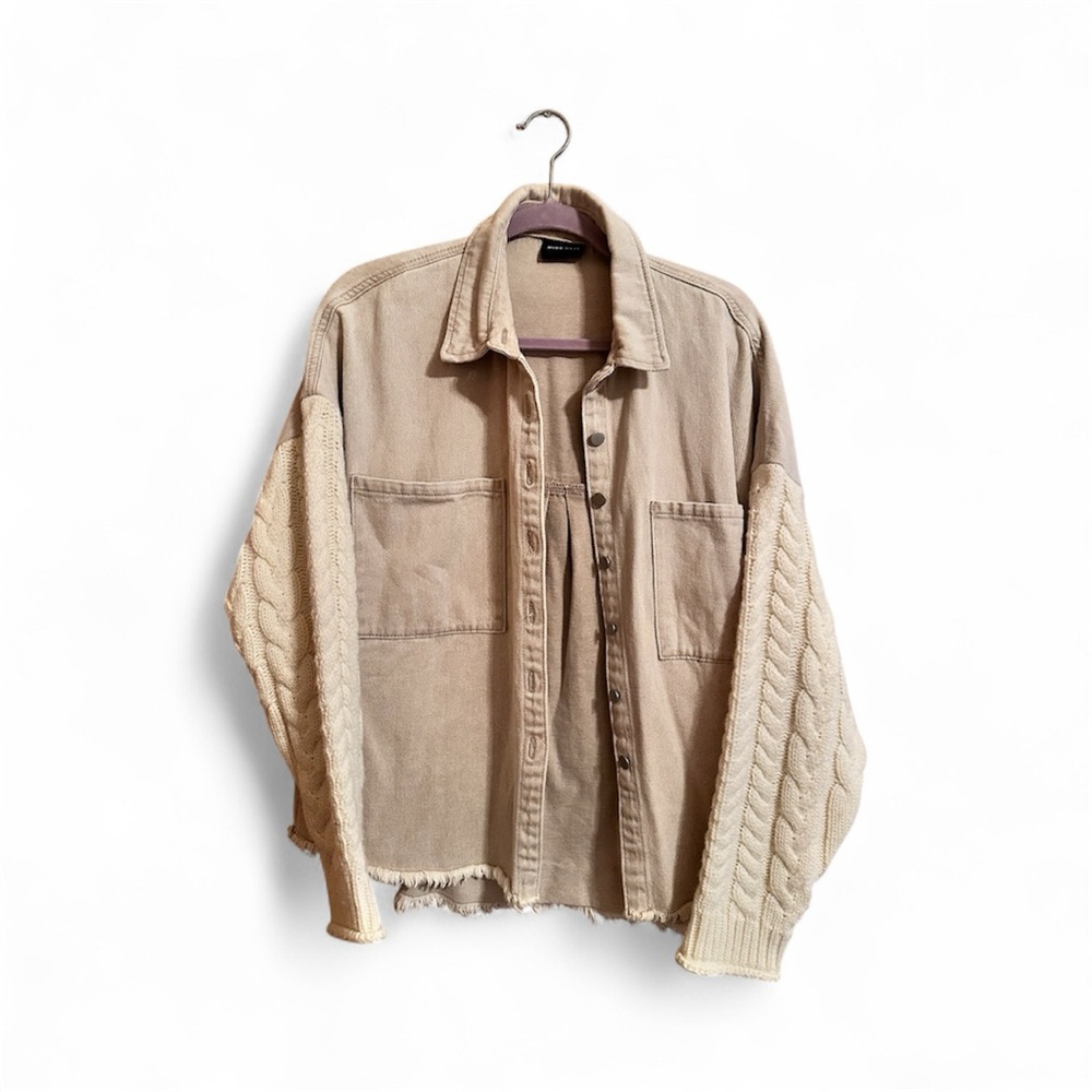 Women's Beige Sweater Jacket (Shacket) with Knit Sleeves Miou Muse Oversized Fit